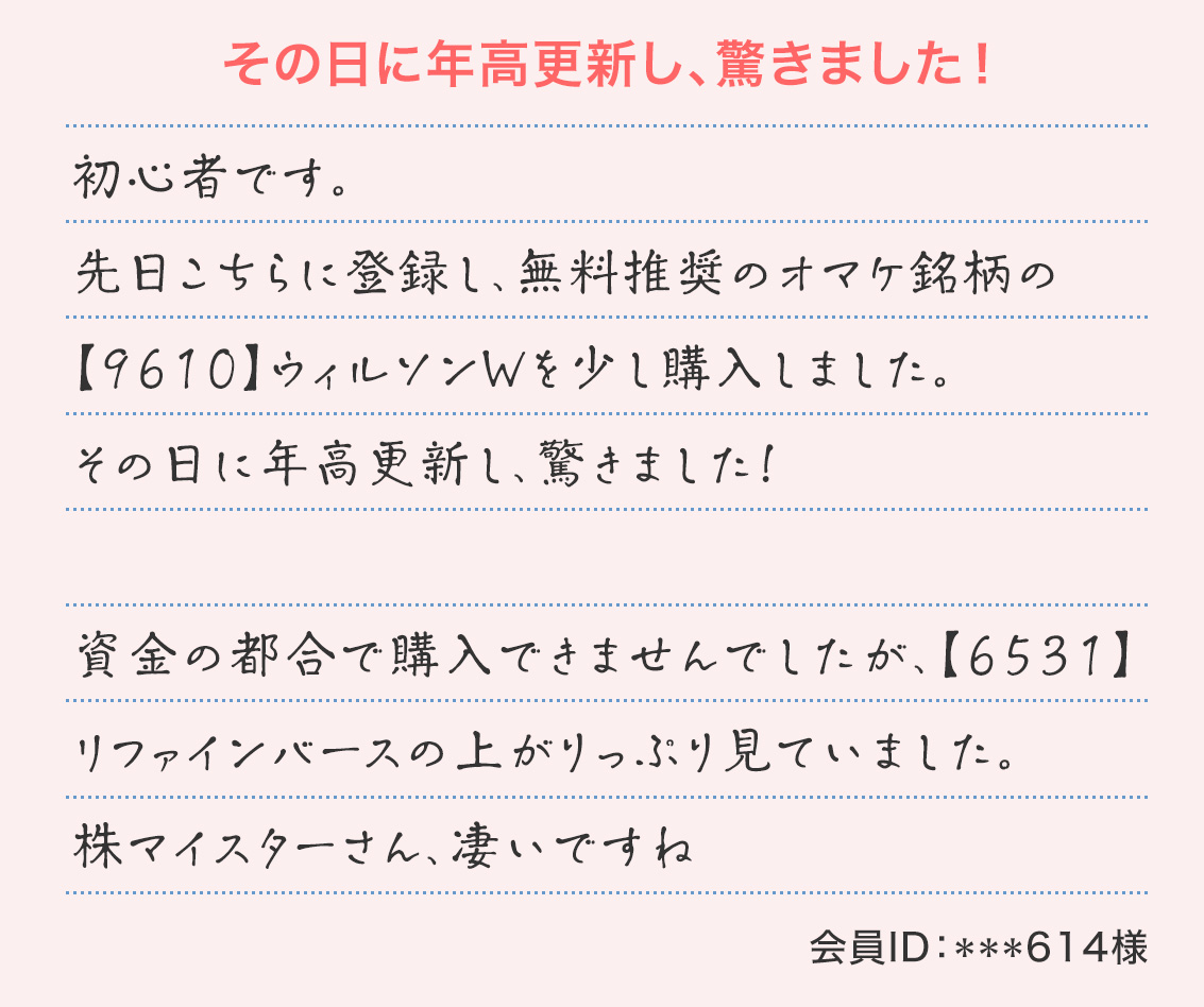 『その日に年高更新し、驚きました!』初心者です。先日こちらに登録し、無料推奨のオマケ銘柄の【9610】ウィルソンWを少し購入しました。その日に年高更新し、驚きました!資金の都合で購入できませんでしたが、【6531】リファインバースの上がりっぷり見ていました。株マイスターさん、凄いですね(会員ID:***614様)