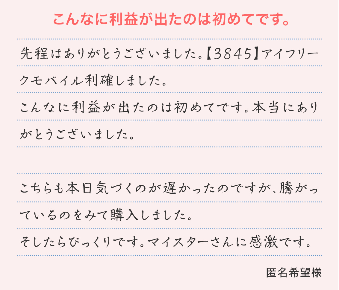 『こんなに利益が出たのは初めてです。』先程はありがとうございました【3845】アイフリークモバイル利確しました。こんなに利益が出たのは初めてです。本当にありがとうございました。こちらも本日気づくのが遅かったのですが、騰がっているのをみて購入しました。そしたらびっくりです。マイスターさんに感激です。(匿名希望様)