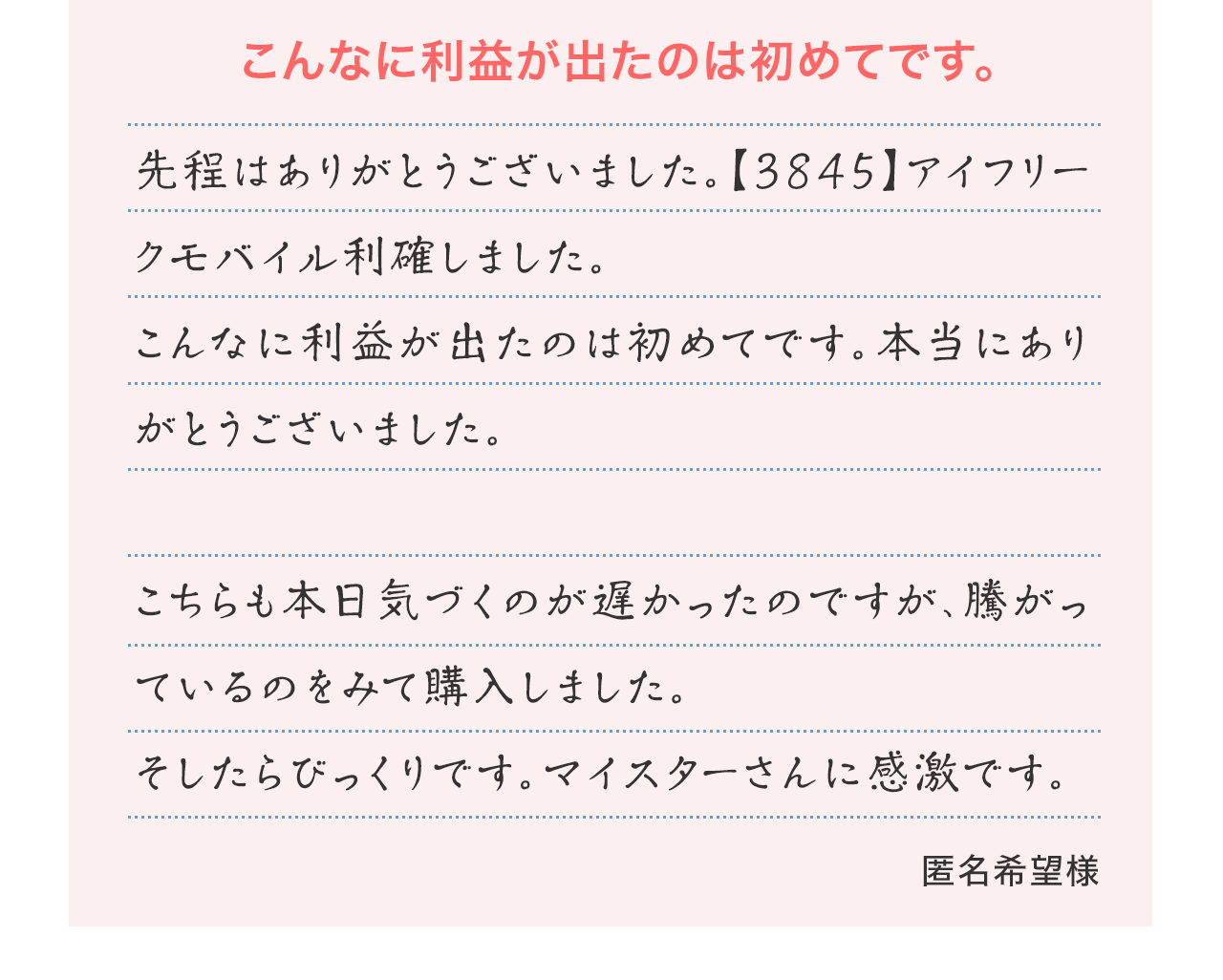 『こんなに利益が出たのは初めてです。』先程はありがとうございました【3845】アイフリークモバイル利確しました。こんなに利益が出たのは初めてです。本当にありがとうございました。こちらも本日気づくのが遅かったのですが、騰がっているのをみて購入しました。そしたらびっくりです。マイスターさんに感激です。(匿名希望様)