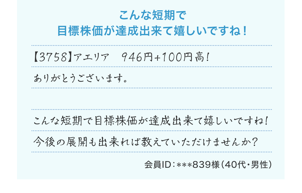 『こんな短期で目標株価が達成出来て嬉しいですね！』【3758】アエリア　946円+100円高！　ありがとうございます。こんな短期で目標株価が達成出来て嬉しいですね！今後の展開も出来れば教えていただけませんか？（会員ID：***839様 40代・男性）