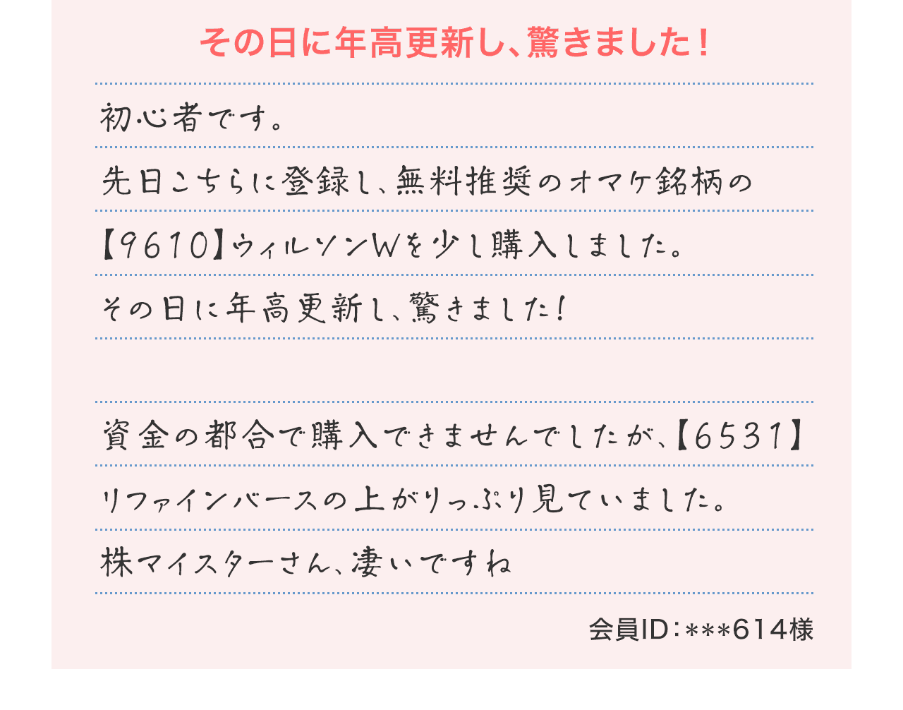 『その日に年高更新し、驚きました！』初心者です。先日こちらに登録し、無料推奨のオマケ銘柄の【9610】ウィルソンWを少し購入しました。その日に年高更新し、驚きました！資金の都合で購入できませんでしたが、【6531】リファインバースの上がりっぷり見ていました。株マイスターさん、凄いですね（会員ID：***614様）