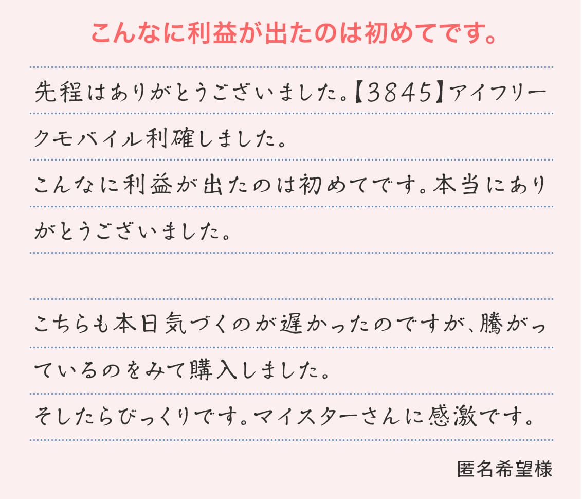 『こんなに利益が出たのは初めてです。』先程はありがとうございました【3845】アイフリークモバイル利確しました。こんなに利益が出たのは初めてです。本当にありがとうございました。こちらも本日気づくのが遅かったのですが、騰がっているのをみて購入しました。そしたらびっくりです。マイスターさんに感激です。（匿名希望様）