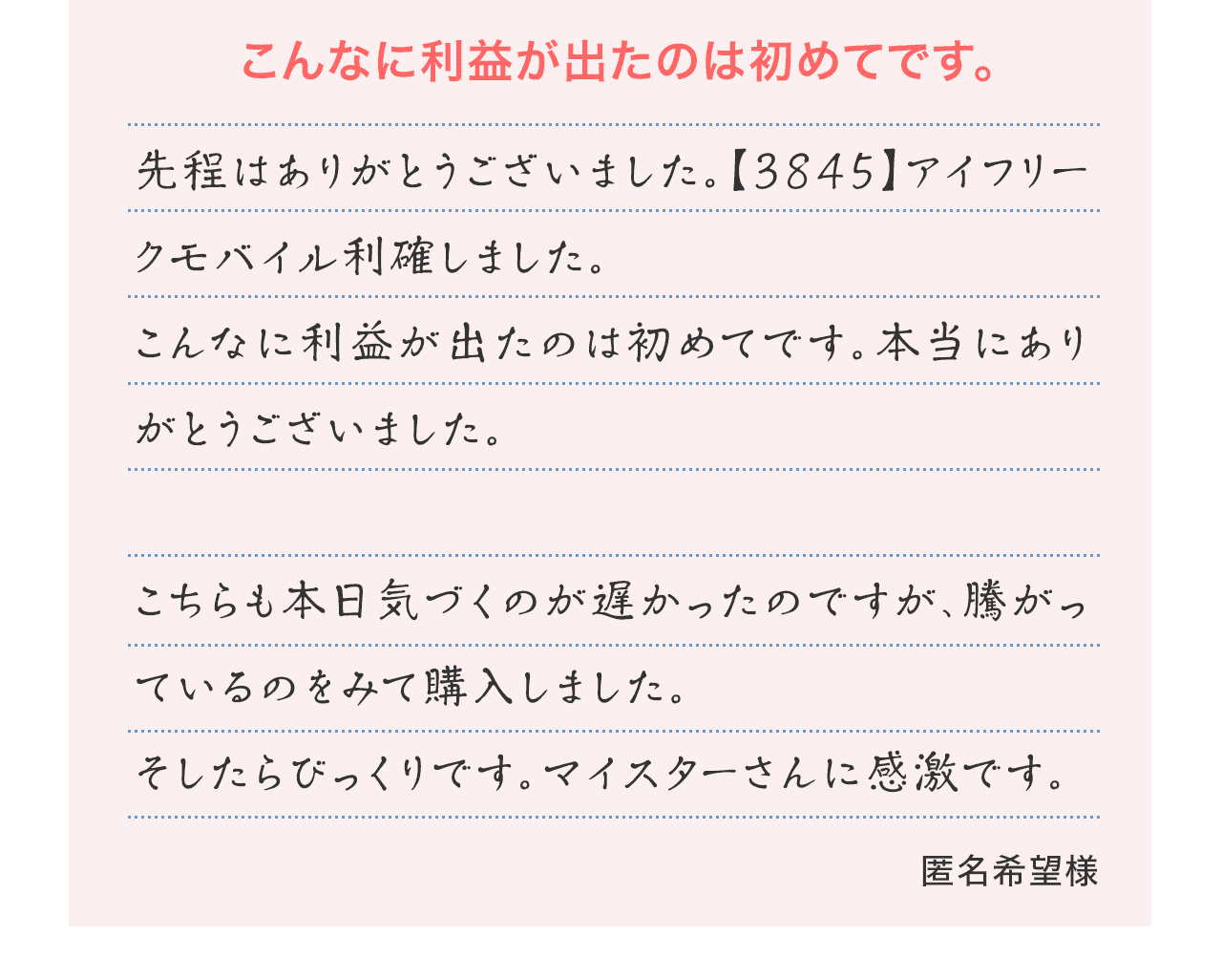 『こんなに利益が出たのは初めてです。』先程はありがとうございました【3845】アイフリークモバイル利確しました。こんなに利益が出たのは初めてです。本当にありがとうございました。こちらも本日気づくのが遅かったのですが、騰がっているのをみて購入しました。そしたらびっくりです。マイスターさんに感激です。（匿名希望様）